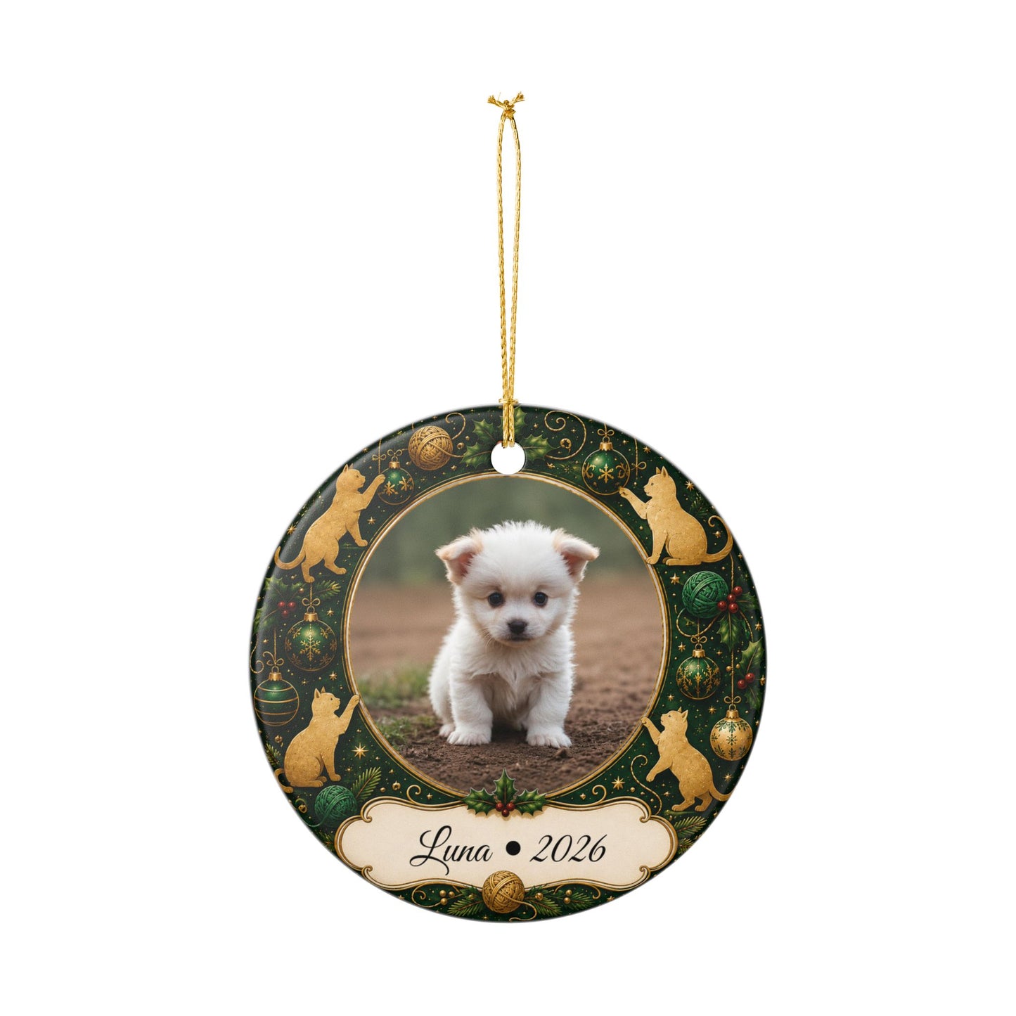 Personalized Puppy Photo Ornament, Ceramic Christmas Ornament | Cat Motif