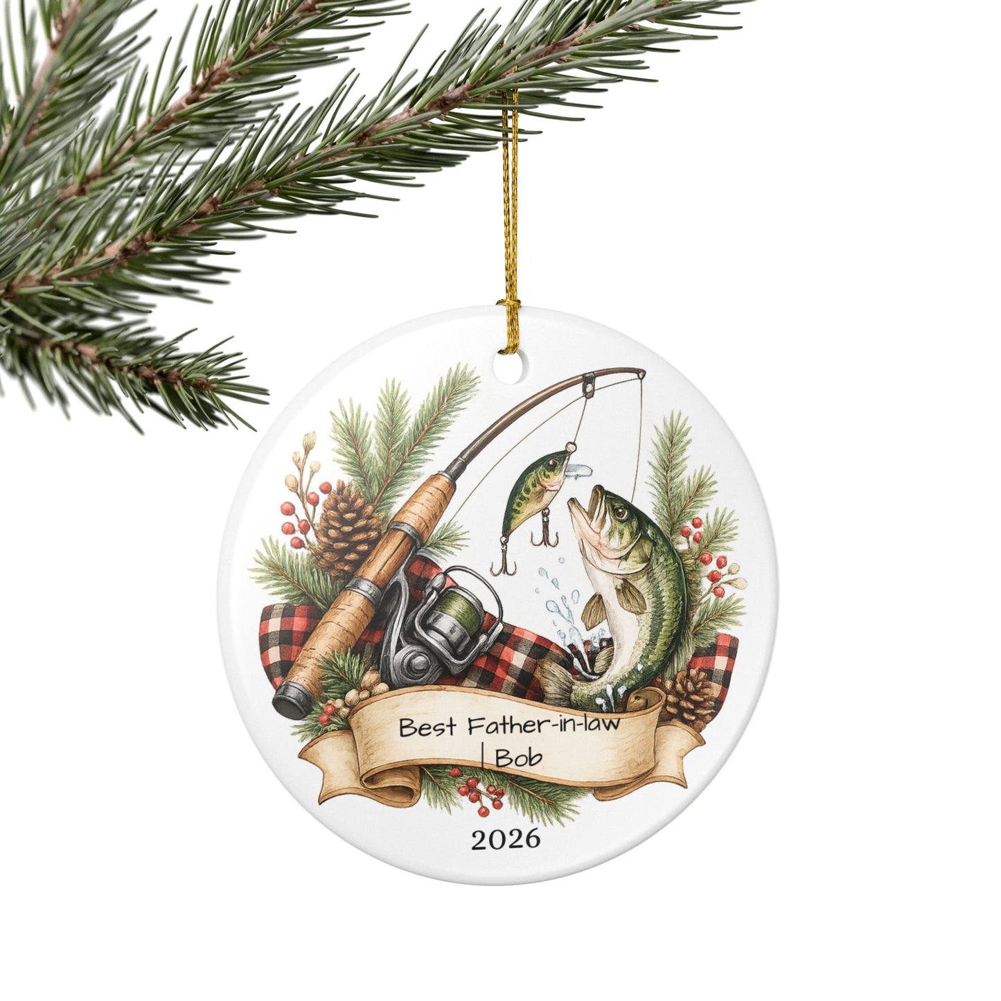 Fishing Father in Law Ornament Personalized, Rustic Ceramic Keepsake with Name, Fisherman FIL Gift 2026