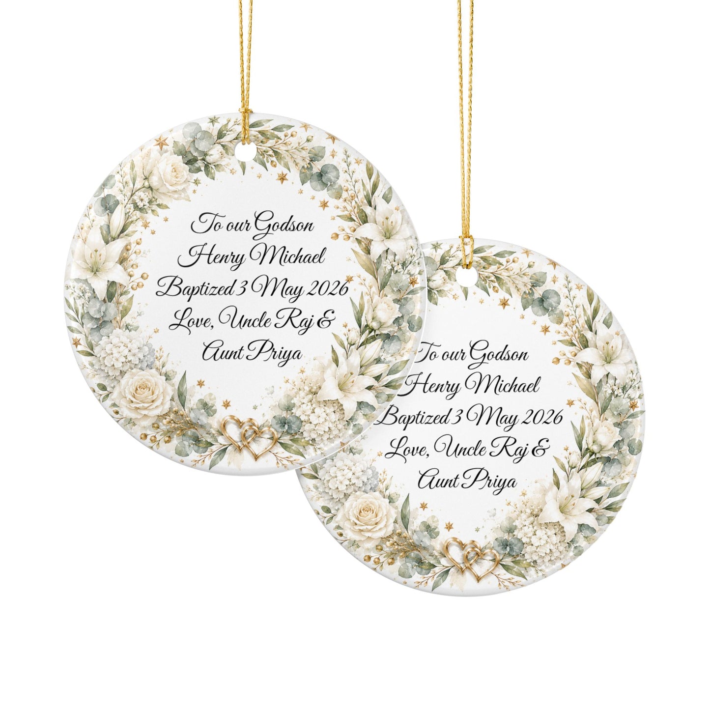 Godchild Baptism Ornament from Godparents, Personalized Christening Gift with Name & Date, Ceramic Keepsake, God Bless You Little One