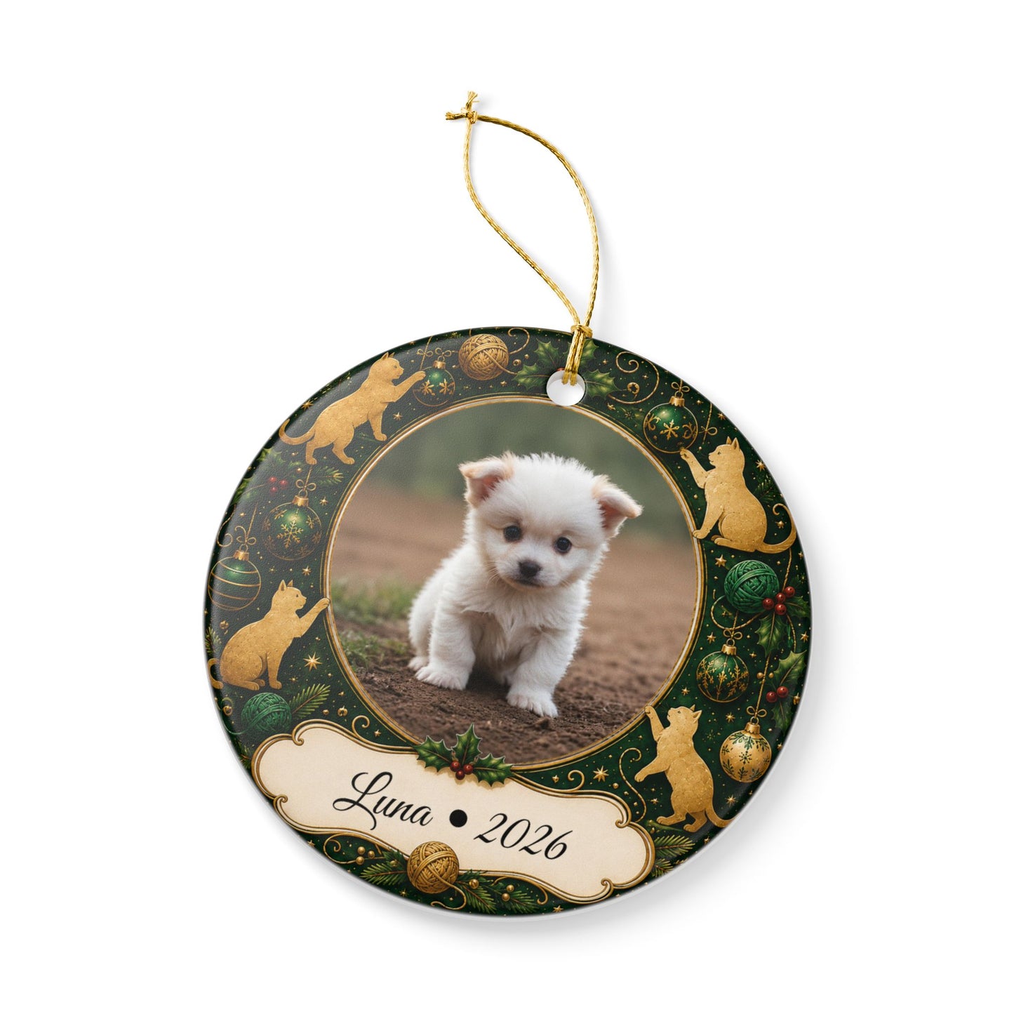 Personalized Puppy Photo Ornament, Ceramic Christmas Ornament | Cat Motif