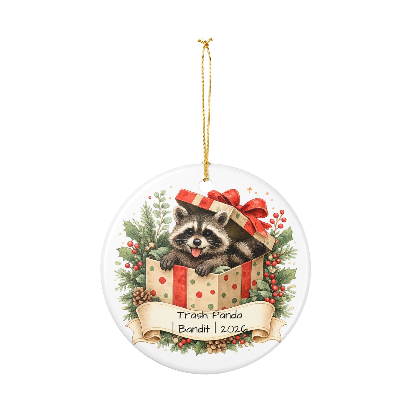 Trash Panda Christmas Ornament Personalized with Name, Funny Cute Ceramic Keepsake, Raccoon Lover Gift 2026