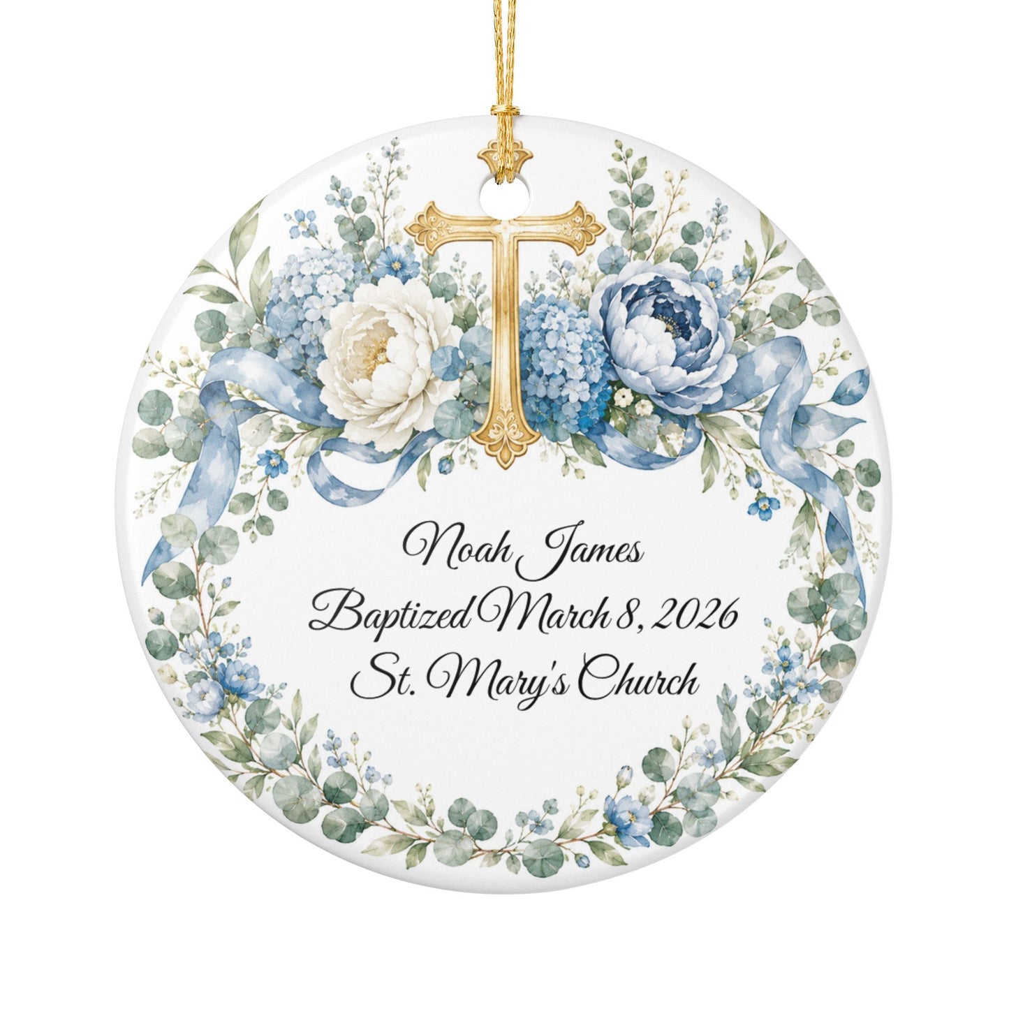 Personalized Baptism Ornament for Boy, Blue Cross Christening Keepsake with Name & Date, Ceramic Godson Gift, Baby Dedication Ornament