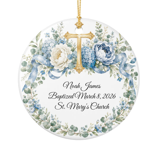 Personalized Baptism Ornament for Boy, Blue Cross Christening Keepsake with Name & Date, Ceramic Godson Gift, Baby Dedication Ornament