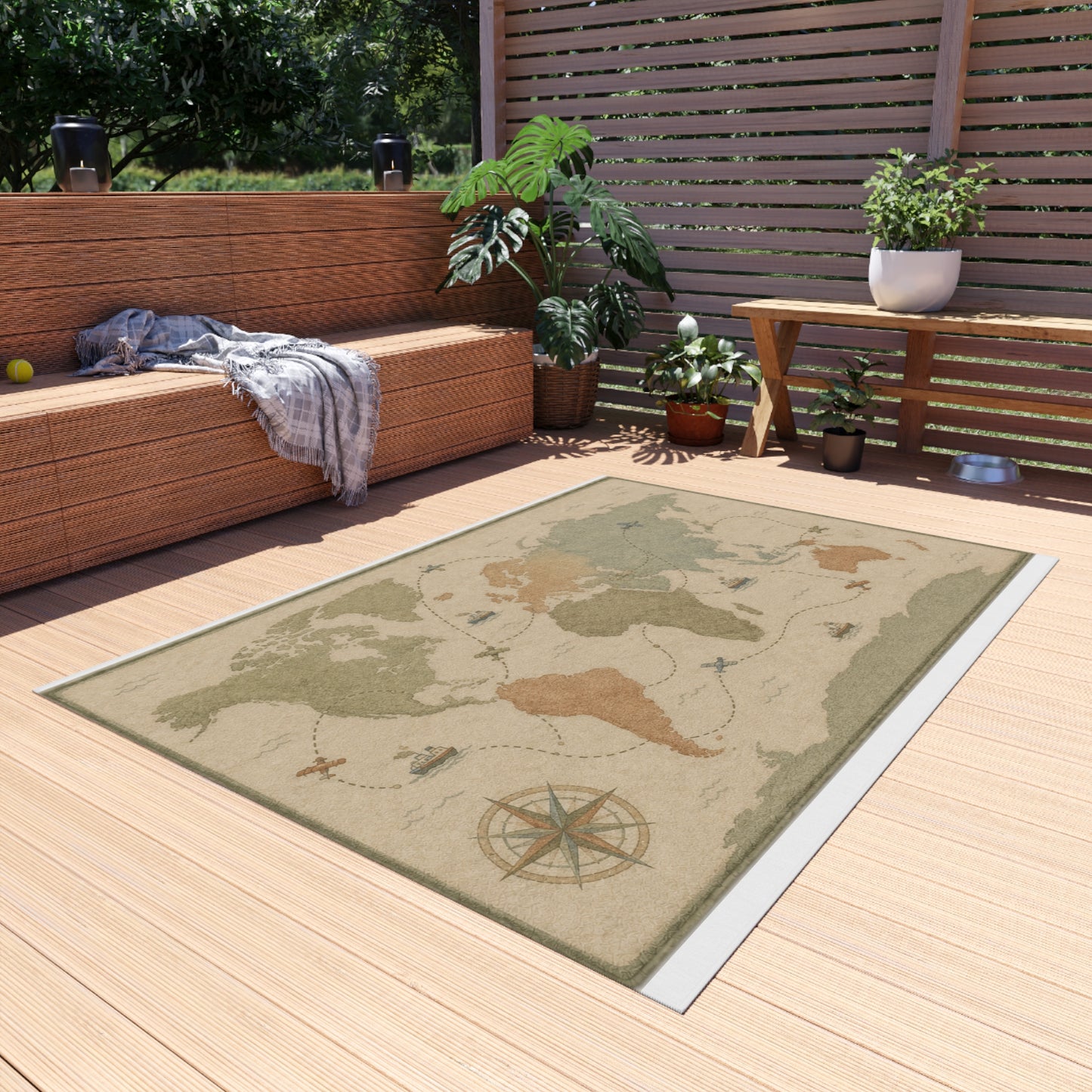 Vintage World Map Outdoor Rug | Nautical Compass, Ships, Travel Accent