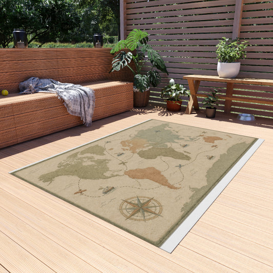 Vintage World Map Outdoor Rug | Nautical Compass, Ships, Travel Accent
