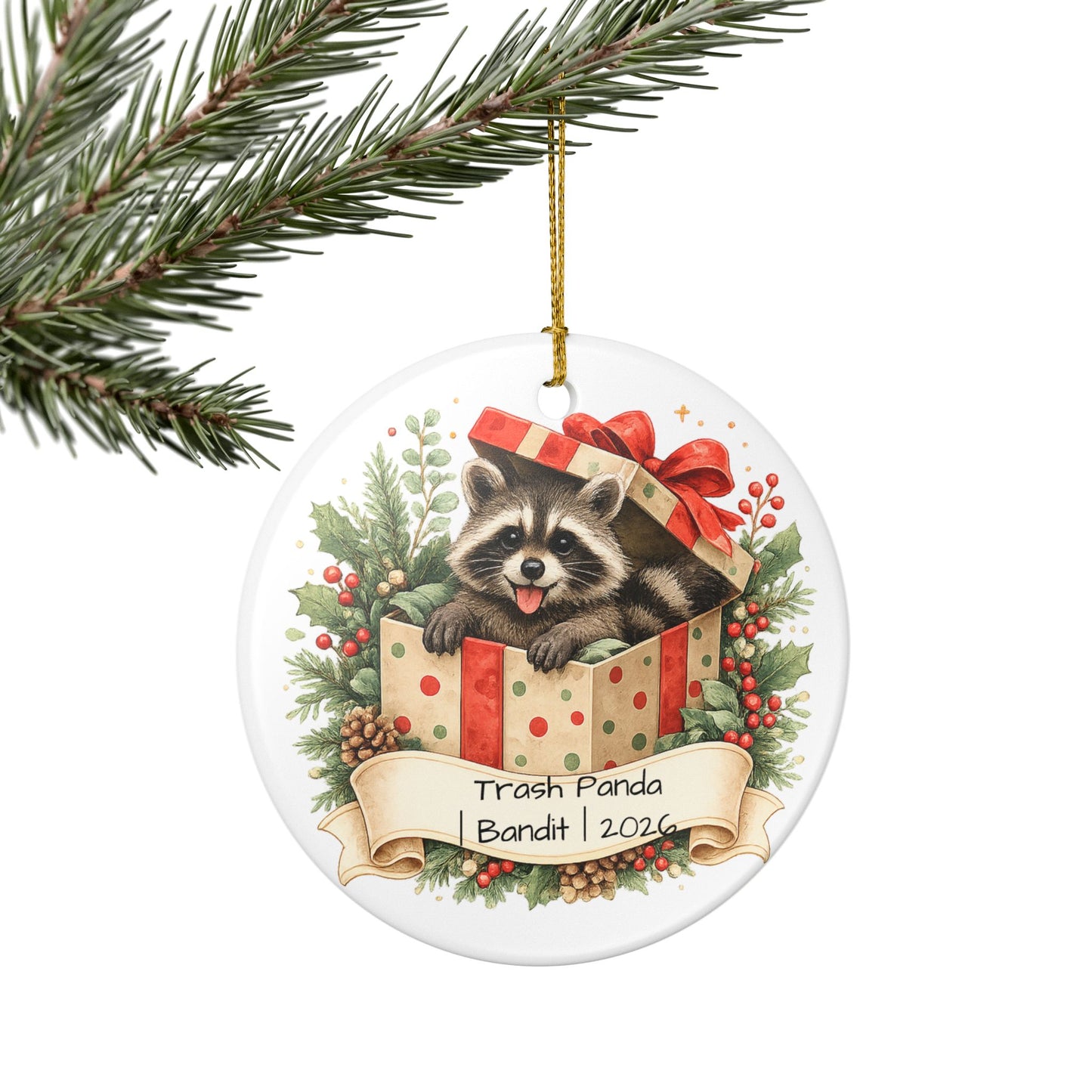 Trash Panda Christmas Ornament Personalized with Name, Funny Cute Ceramic Keepsake, Raccoon Lover Gift 2026