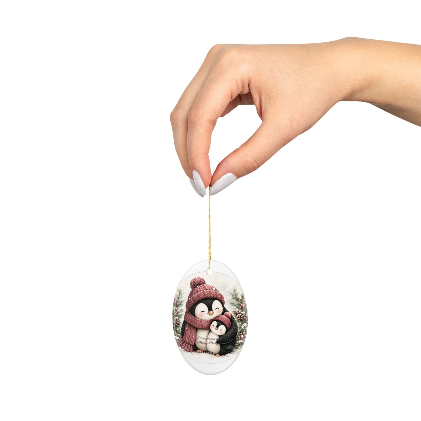 Penguin Family Hug Ceramic Ornament | 2026 Holiday Keepsake