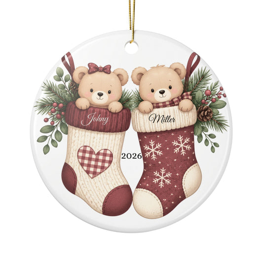 Teddy Bears in Christmas Stockings Ornament | Ceramic Round Holiday Decoration