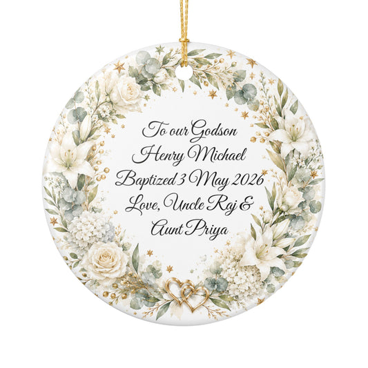 Godchild Baptism Ornament from Godparents, Personalized Christening Gift with Name & Date, Ceramic Keepsake, God Bless You Little One