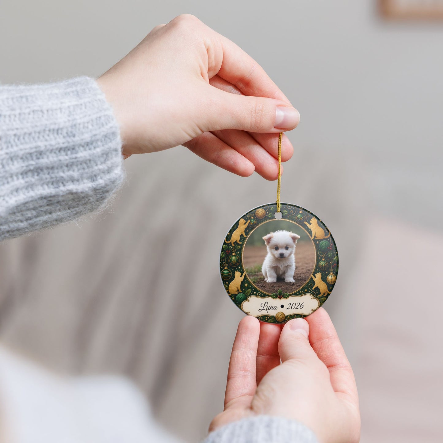 Personalized Puppy Photo Ornament, Ceramic Christmas Ornament | Cat Motif