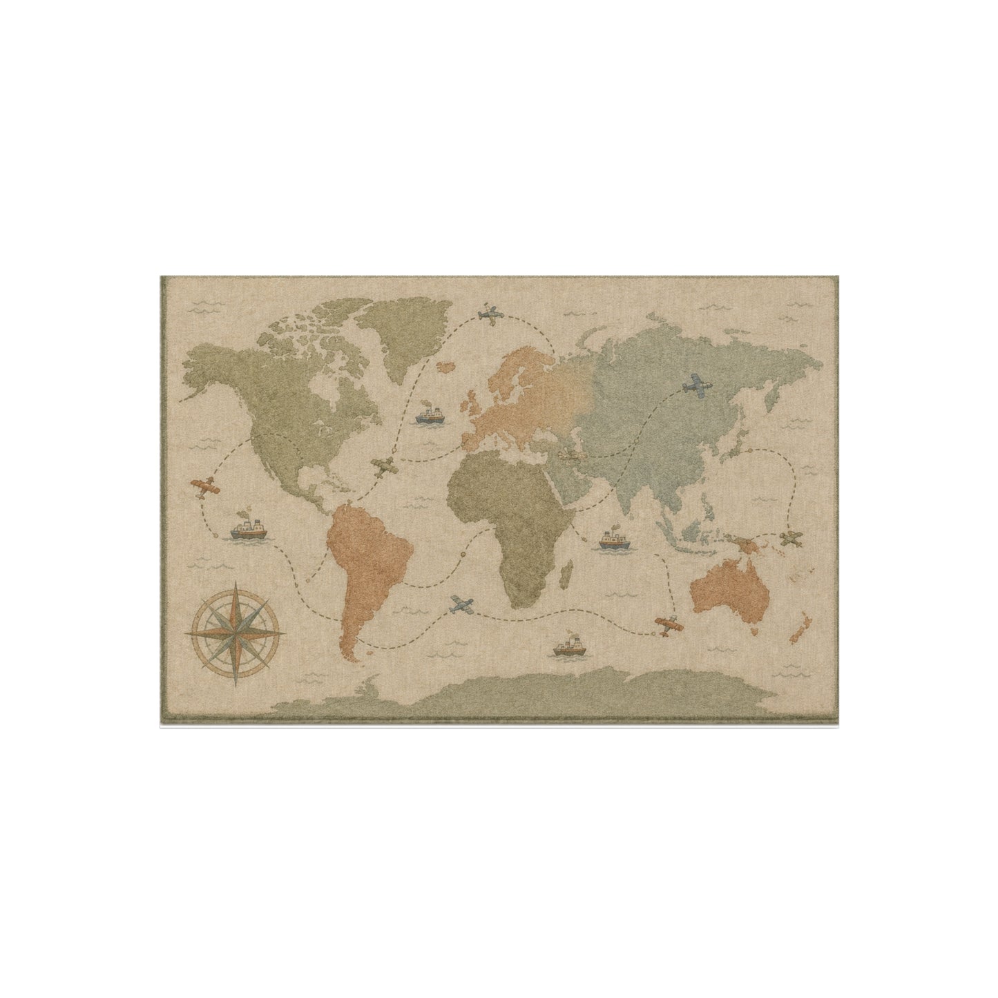 Vintage World Map Outdoor Rug | Nautical Compass, Ships, Travel Accent