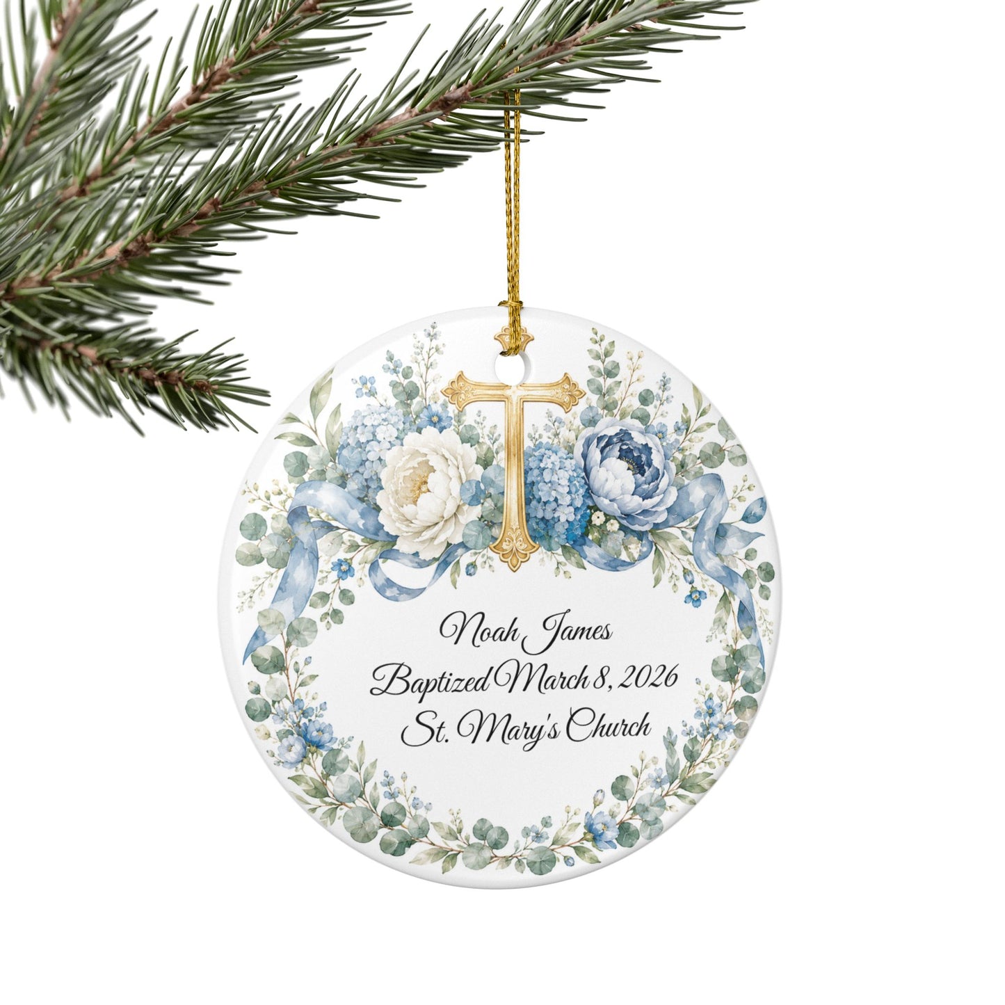 Personalized Baptism Ornament for Boy, Blue Cross Christening Keepsake with Name & Date, Ceramic Godson Gift, Baby Dedication Ornament