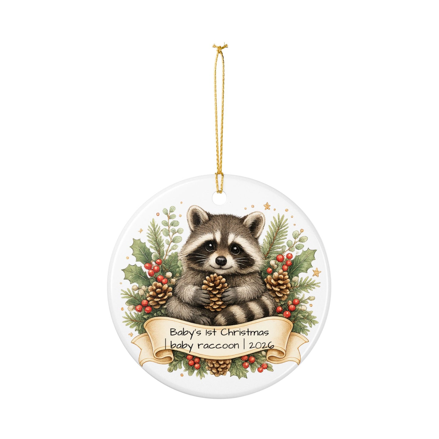 Baby Raccoon Christmas Ornament Personalized with Name, Cute Woodland Ceramic Keepsake, Kids Raccoon Gift 2026