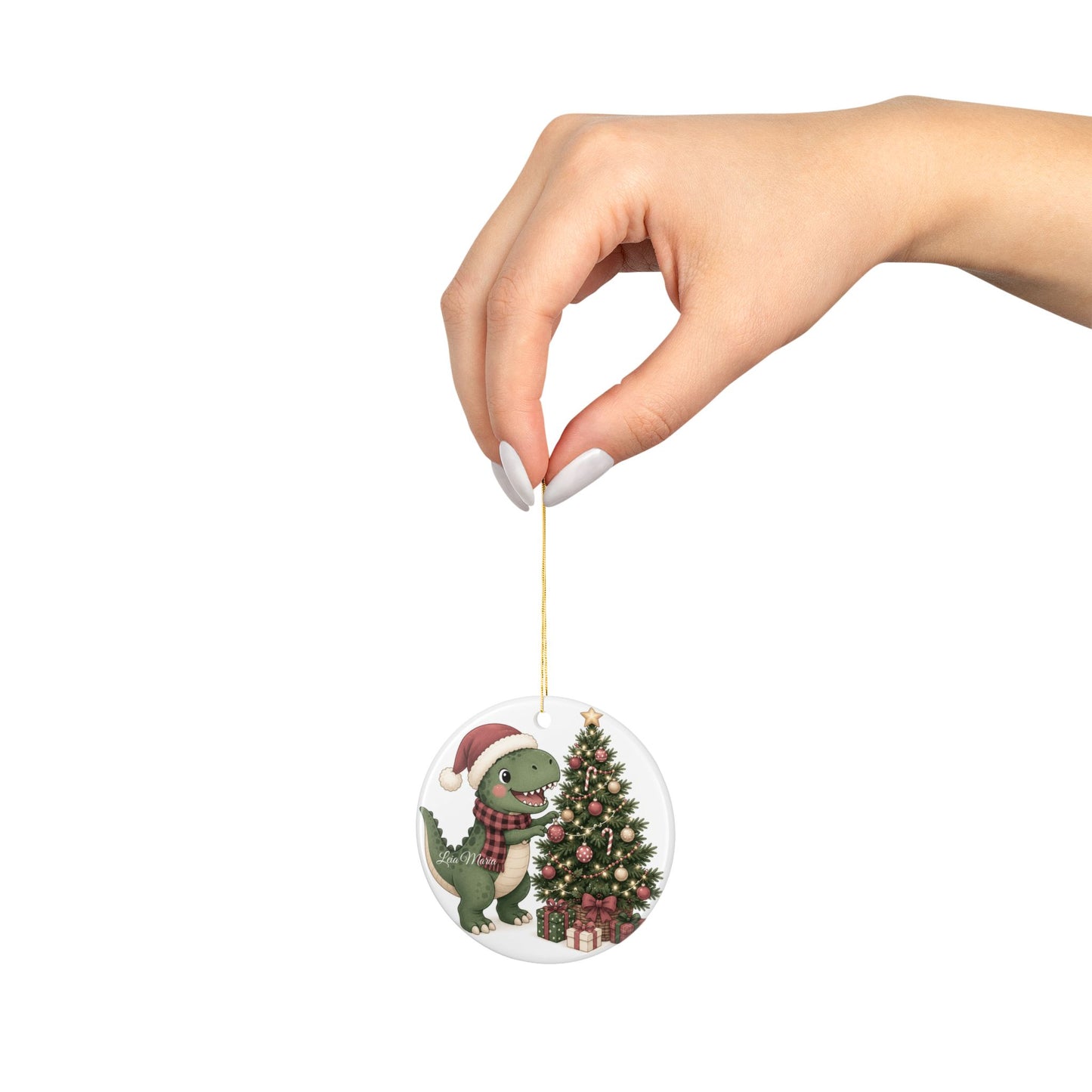 Cute Dino with Santa Hat Christmas Tree Ornament | Ceramic Ornament