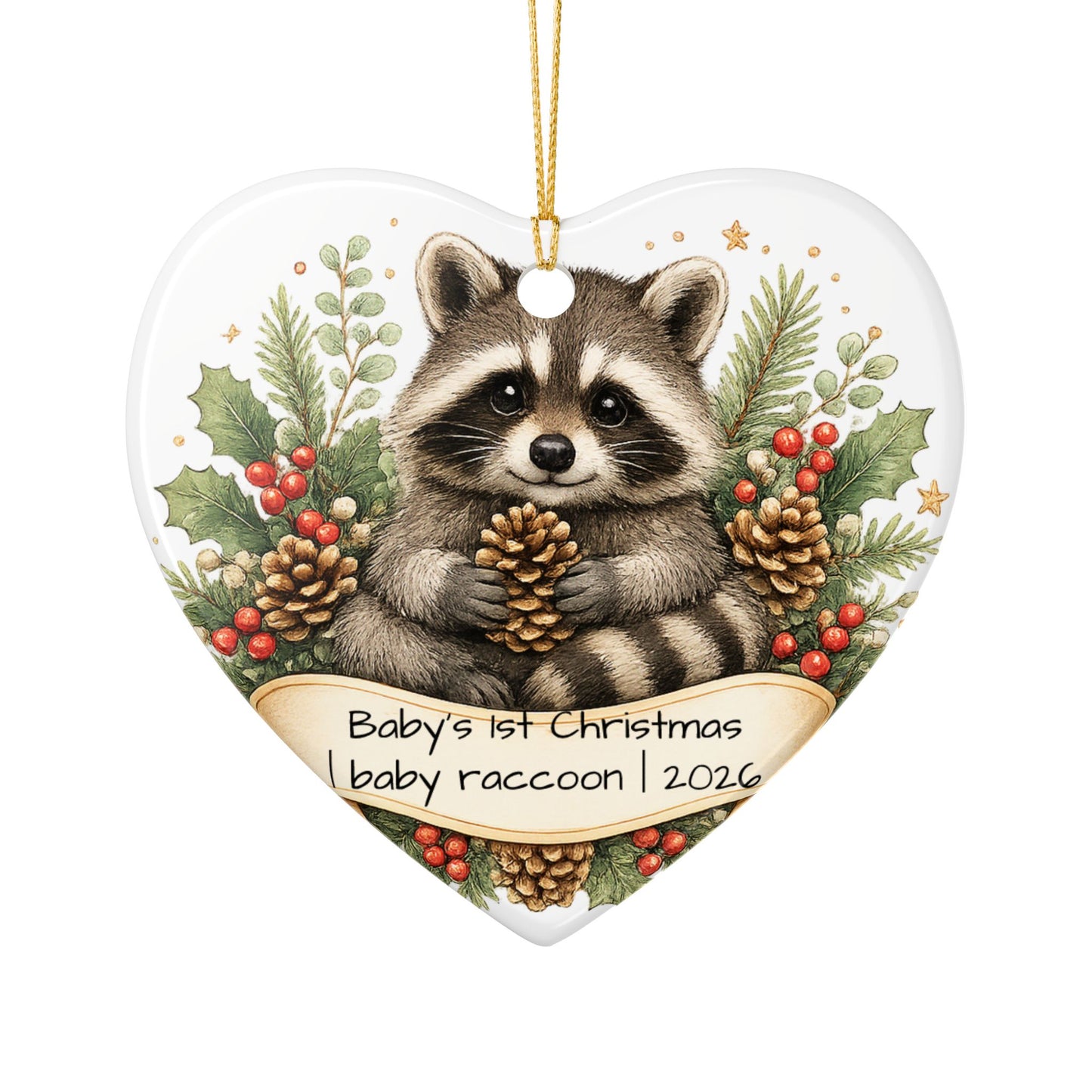 Baby Raccoon Christmas Ornament Personalized with Name, Cute Woodland Ceramic Keepsake, Kids Raccoon Gift 2026