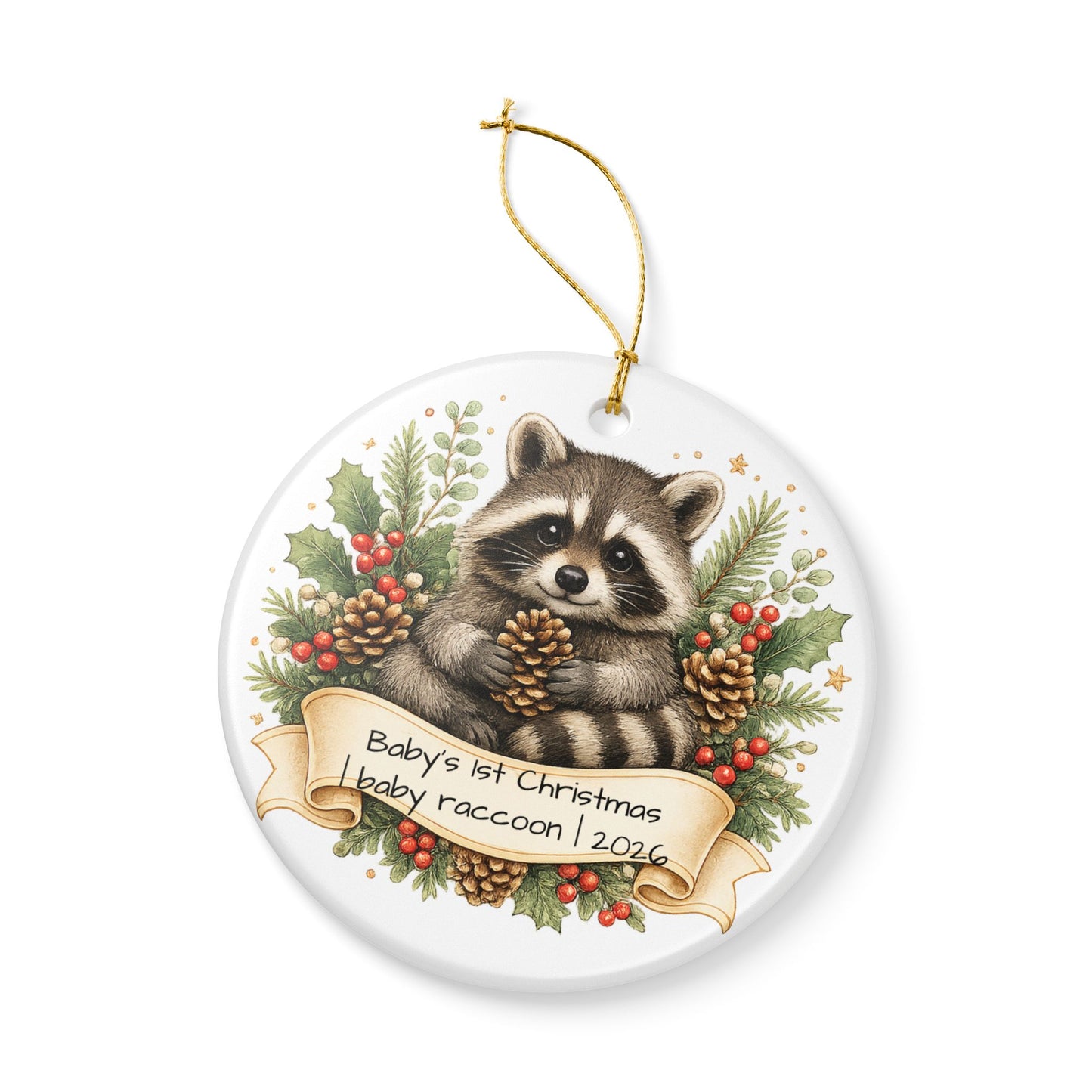 Baby Raccoon Christmas Ornament Personalized with Name, Cute Woodland Ceramic Keepsake, Kids Raccoon Gift 2026
