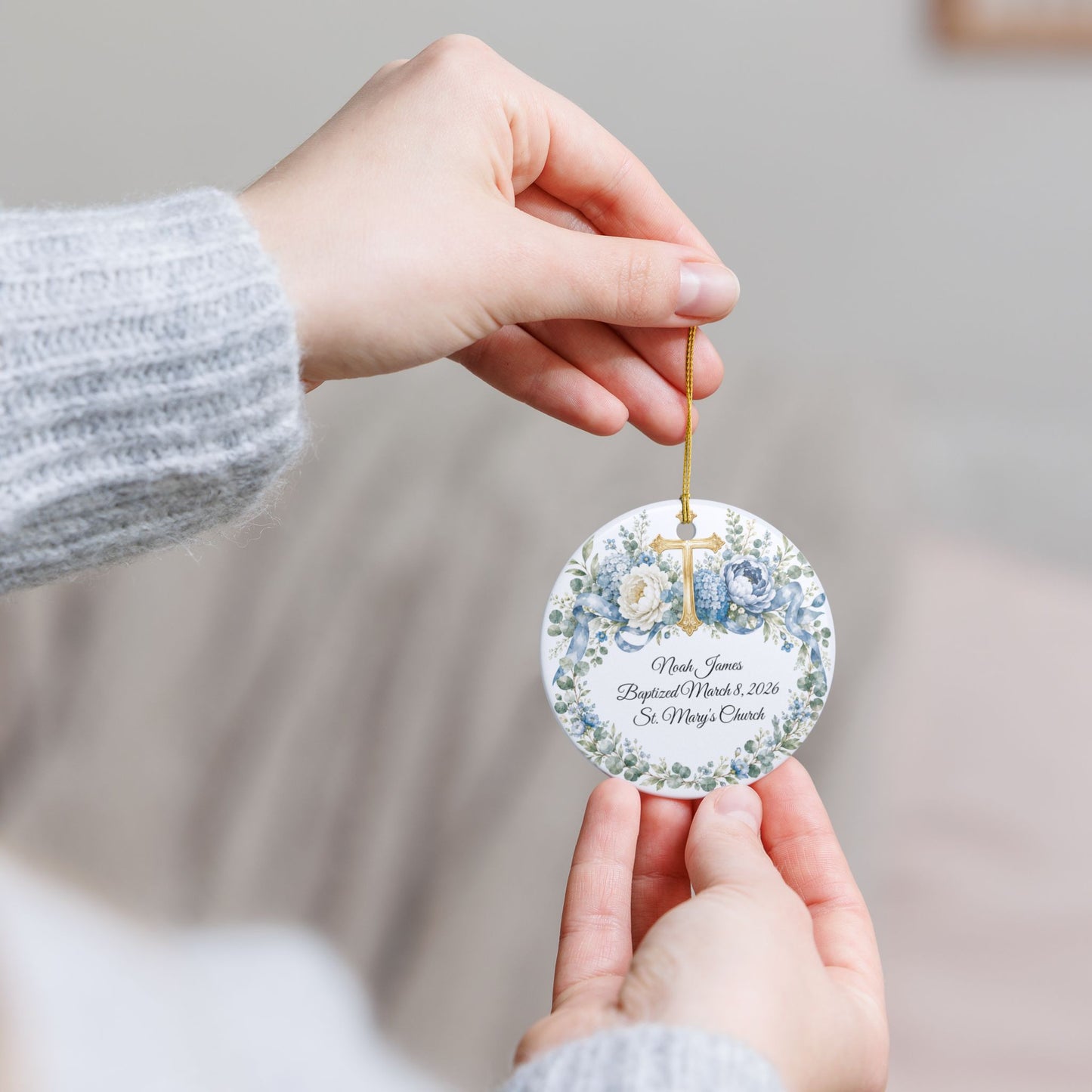 Personalized Baptism Ornament for Boy, Blue Cross Christening Keepsake with Name & Date, Ceramic Godson Gift, Baby Dedication Ornament