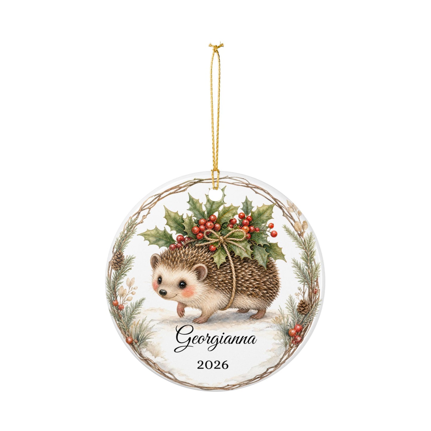 Baby First Christmas Ornament Personalized with Name, Hedgehog Holly Keepsake 2026, Woodland New Baby Shower Gift