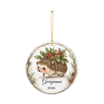 Baby First Christmas Ornament Personalized with Name, Hedgehog Holly Keepsake 2026, Woodland New Baby Shower Gift