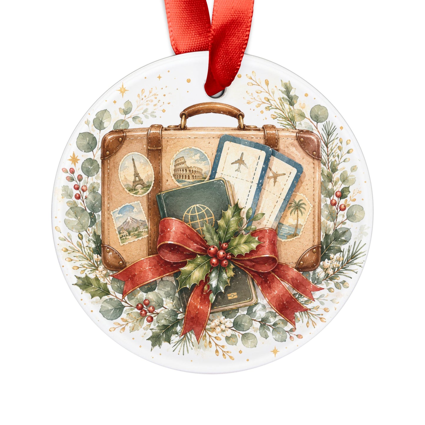 Vintage Travel Suitcase Ornament | Christmas Acrylic Ornament with Ribbon