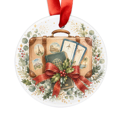 Vintage Travel Suitcase Ornament | Christmas Acrylic Ornament with Ribbon