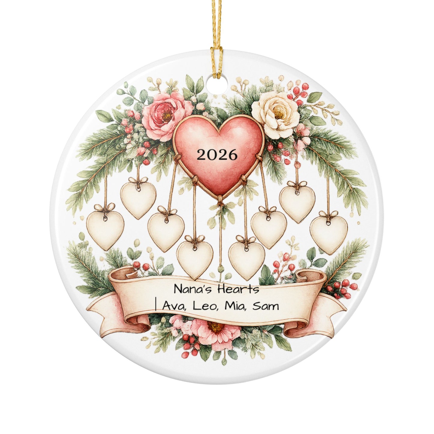 Nana Hearts Christmas Ornament Personalized with Grandkids Names, Ceramic Keepsake, Gift for Nana Grandma 2026