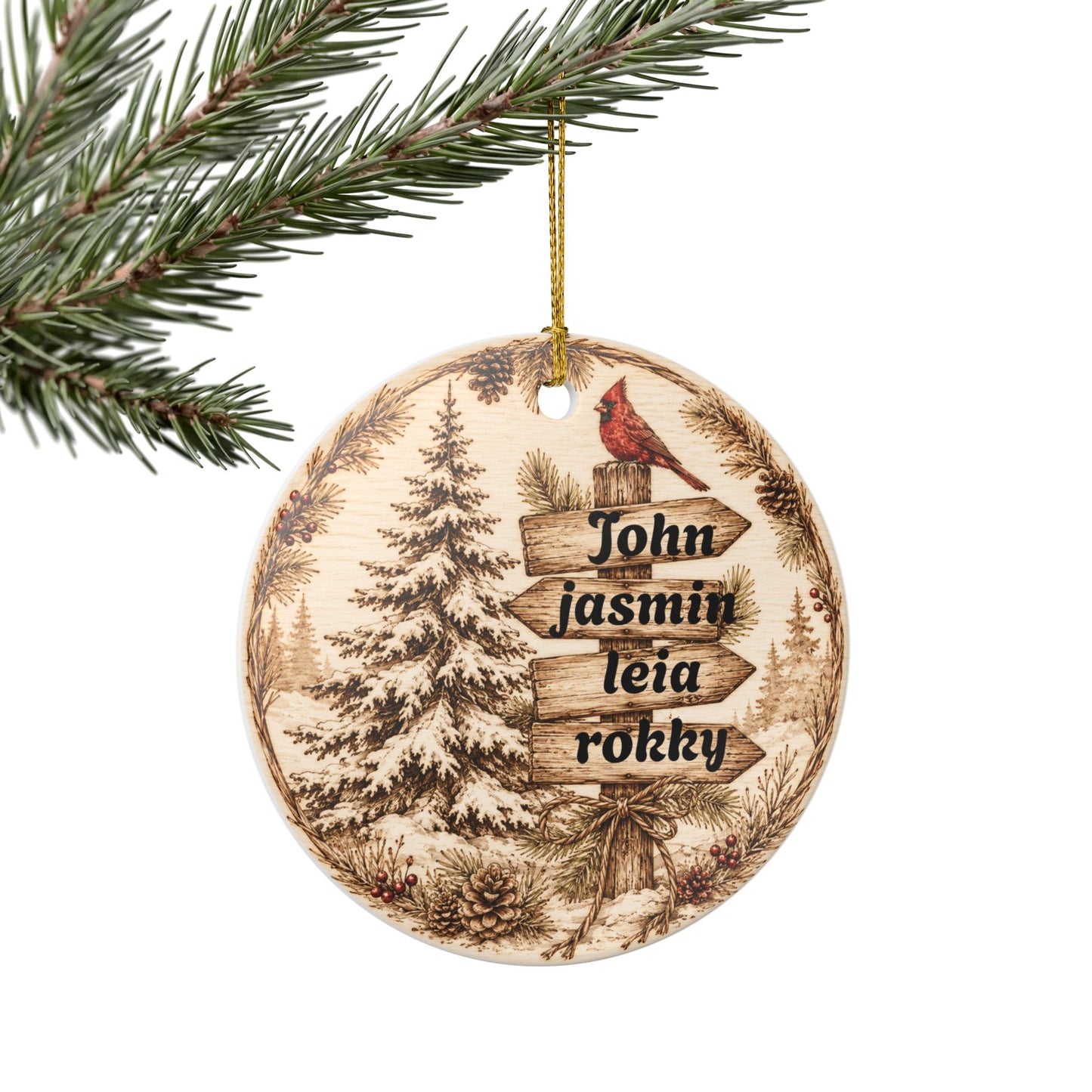 Woodland Cardinal Family Name Ornament, Ceramic Heart Ornament | Personalized Christmas Decor