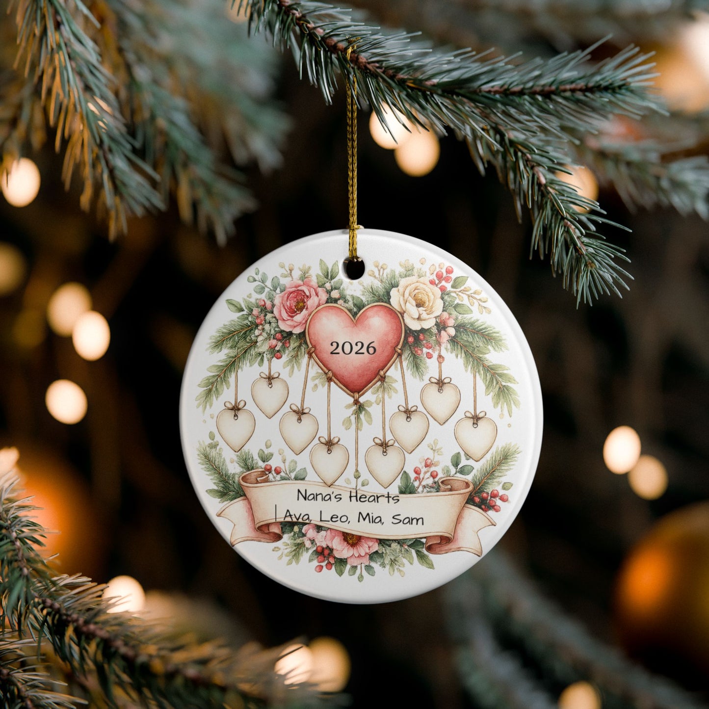 Nana Hearts Christmas Ornament Personalized with Grandkids Names, Ceramic Keepsake, Gift for Nana Grandma 2026