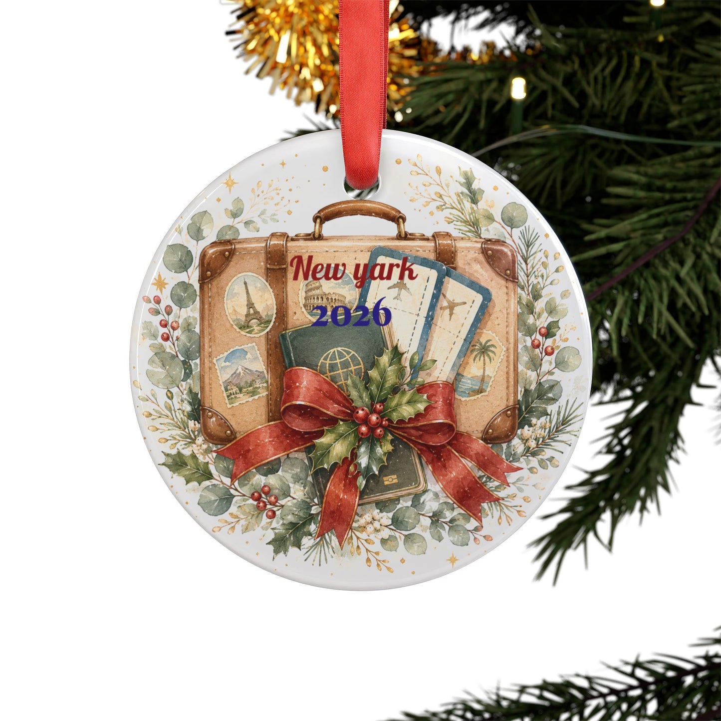 Vintage Travel Suitcase Ornament | Christmas Acrylic Ornament with Ribbon