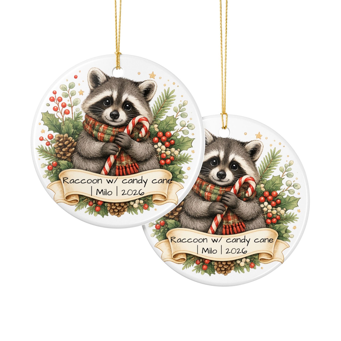 Raccoon with Candy Cane Christmas Ornament Personalized, Cute Ceramic Keepsake with Name, Raccoon Lover Gift 2026