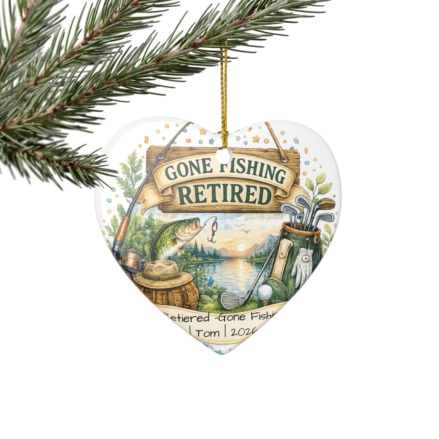Retirement Ornament 2026 Personalized with Name, Fishing Golf Ceramic Keepsake, Retired Gift for Him, Dad Grandpa