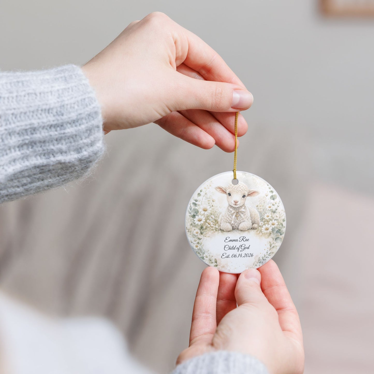Lamb Baptism Ornament Personalized with Name, Watercolor Christening Keepsake, Ceramic Baby Dedication Gift, First Christmas Religious Gift