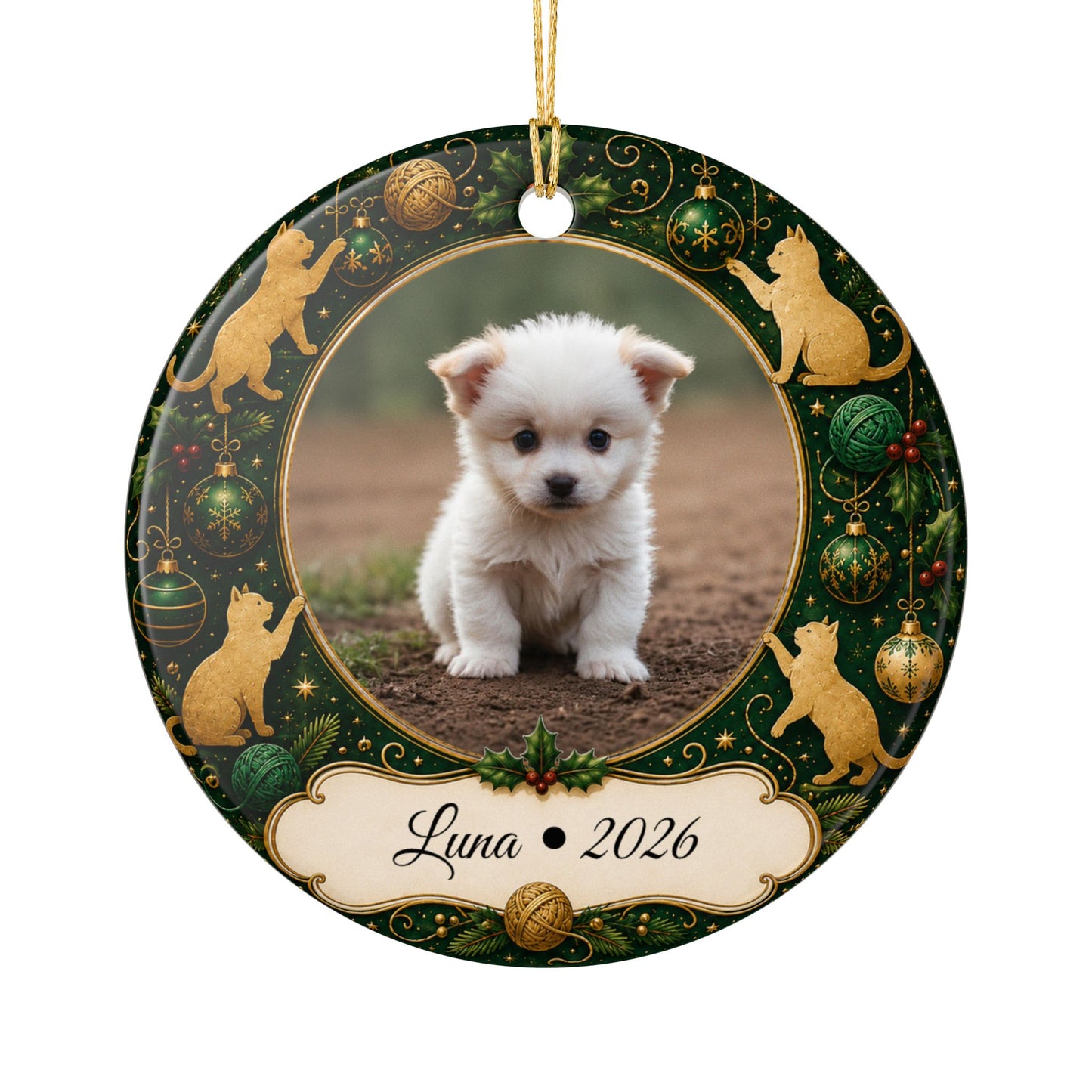 Personalized Puppy Photo Ornament, Ceramic Christmas Ornament | Cat Motif
