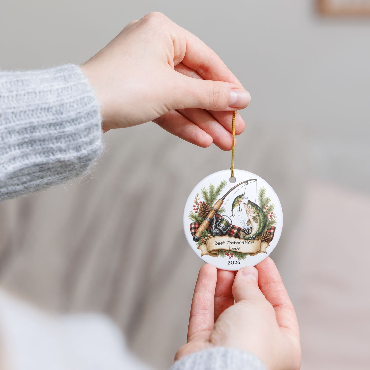Fishing Father in Law Ornament Personalized, Rustic Ceramic Keepsake with Name, Fisherman FIL Gift 2026