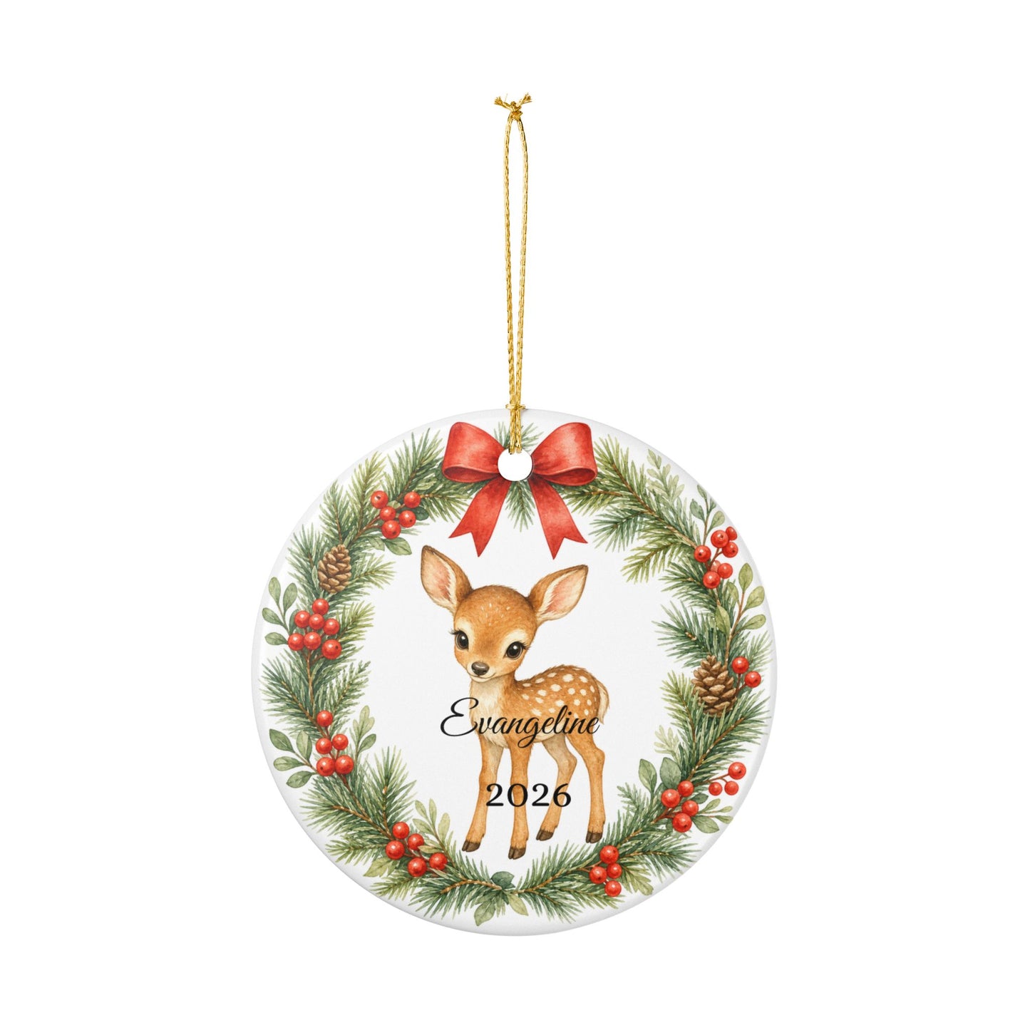 Baby First Christmas Ornament Personalized with Name, Woodland Deer Fawn Wreath Keepsake 2026, New Baby Woodland Gift