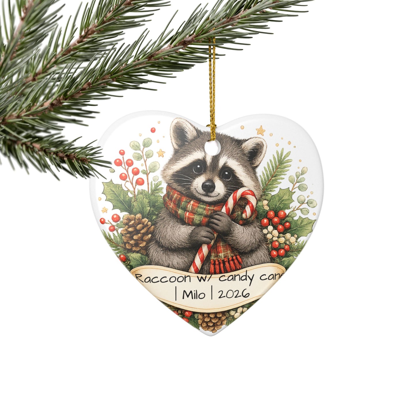 Raccoon with Candy Cane Christmas Ornament Personalized, Cute Ceramic Keepsake with Name, Raccoon Lover Gift 2026