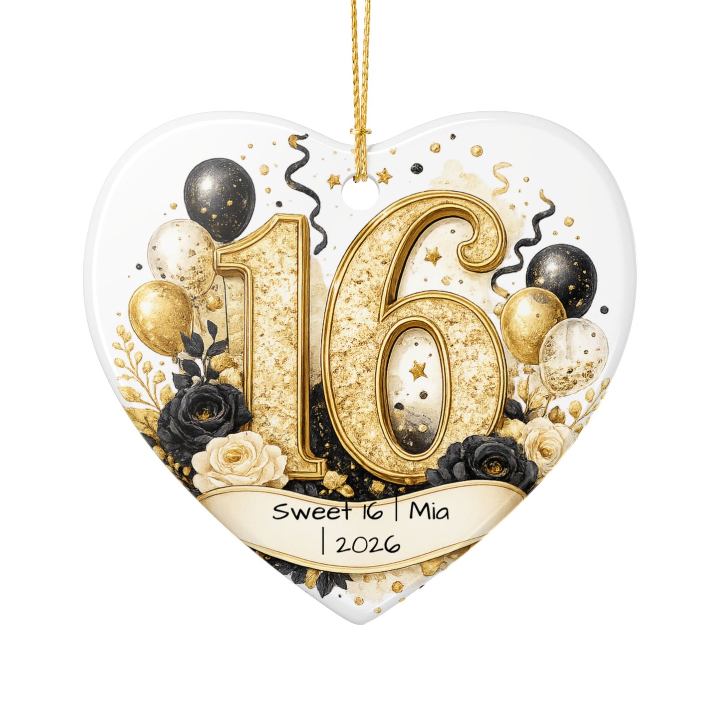 Glam Sweet 16 Christmas Ornament Personalized with Name Year, Black Gold Ceramic Keepsake, 16th Birthday Gift 2026