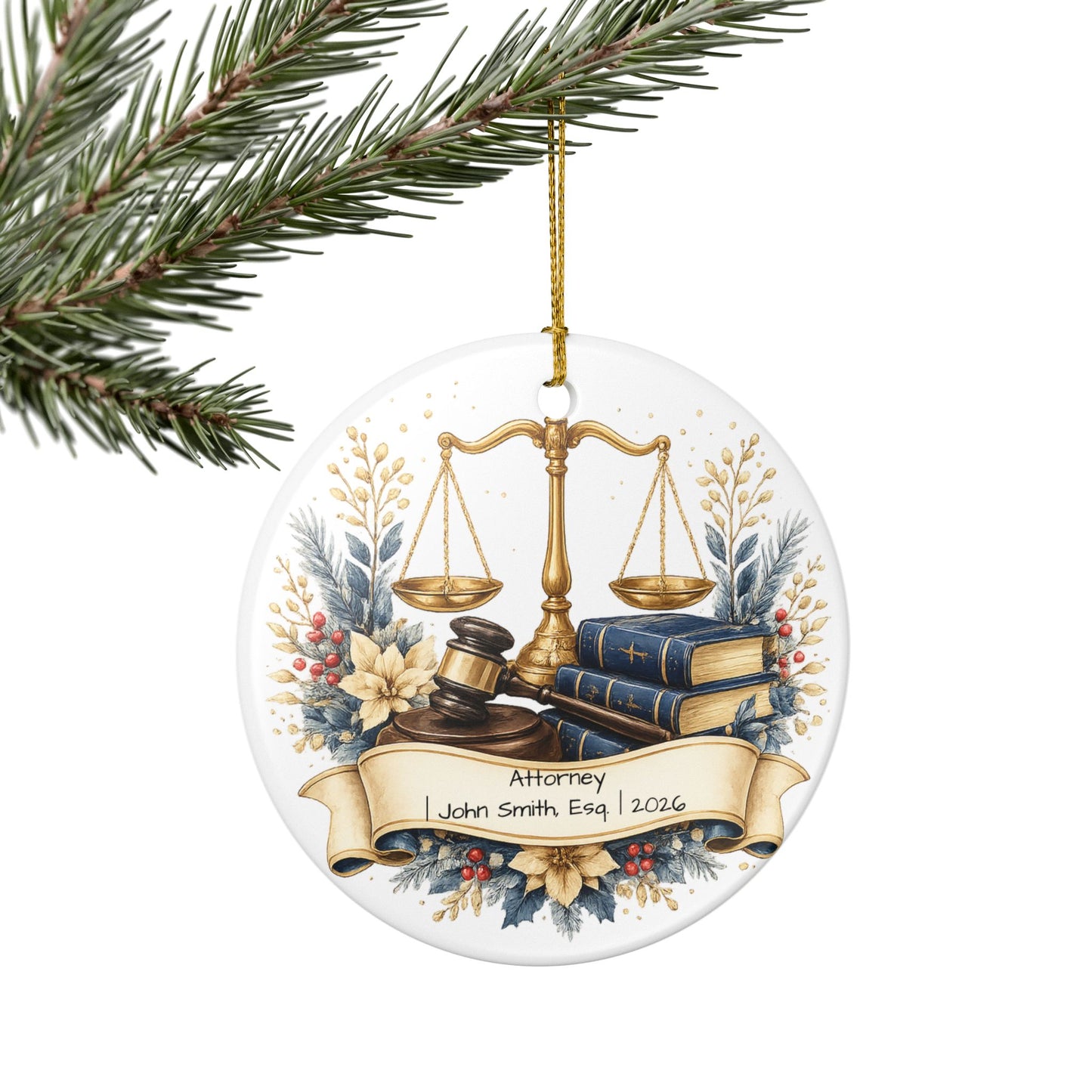 Lawyer Christmas Ornament Personalized with Name, Scales of Justice Ceramic Keepsake, Attorney Gift 2026