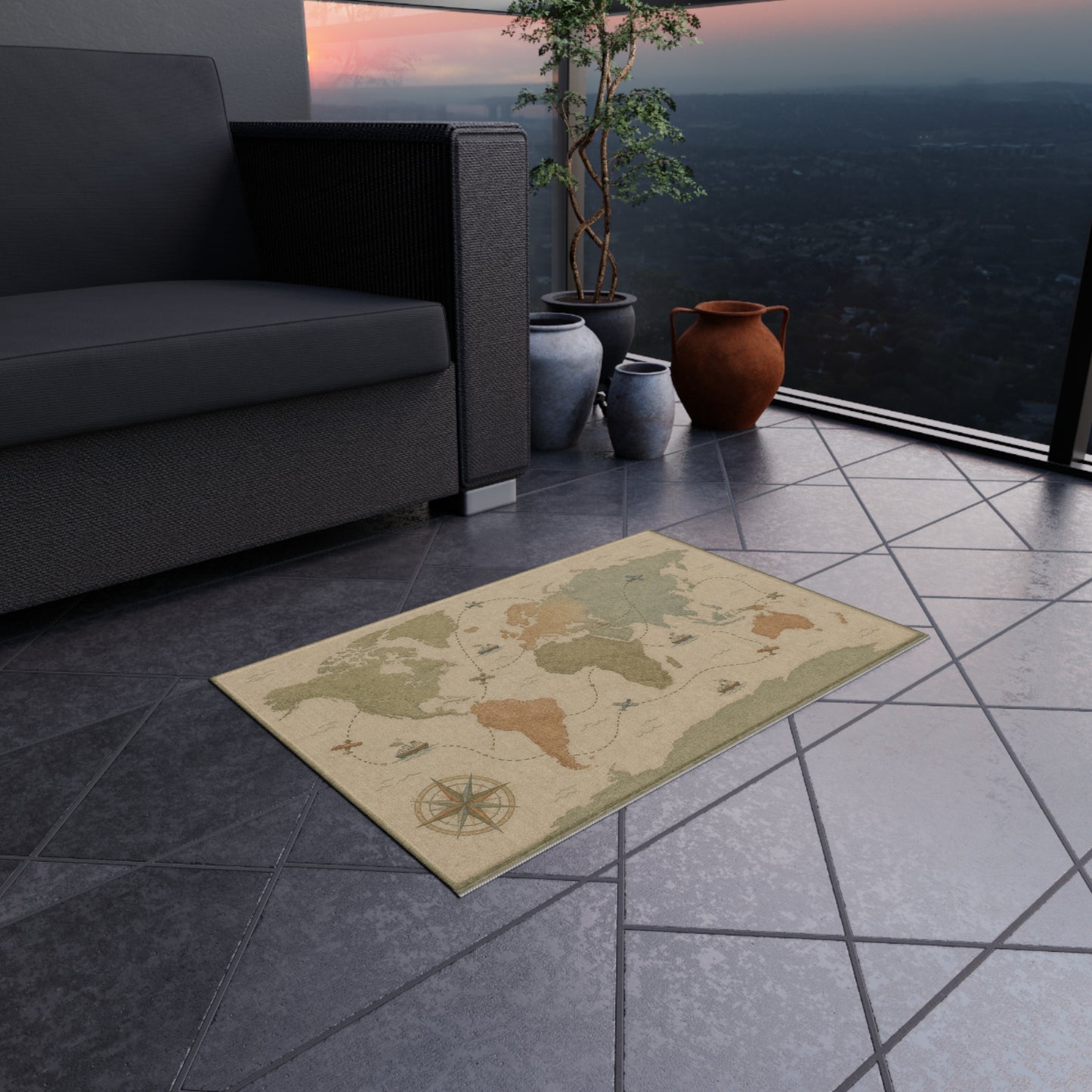 Vintage World Map Outdoor Rug | Nautical Compass, Ships, Travel Accent