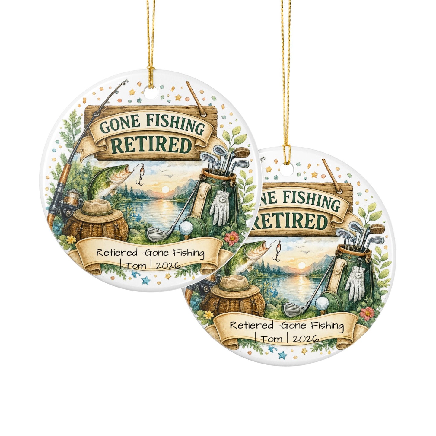 Retirement Ornament 2026 Personalized with Name, Fishing Golf Ceramic Keepsake, Retired Gift for Him, Dad Grandpa