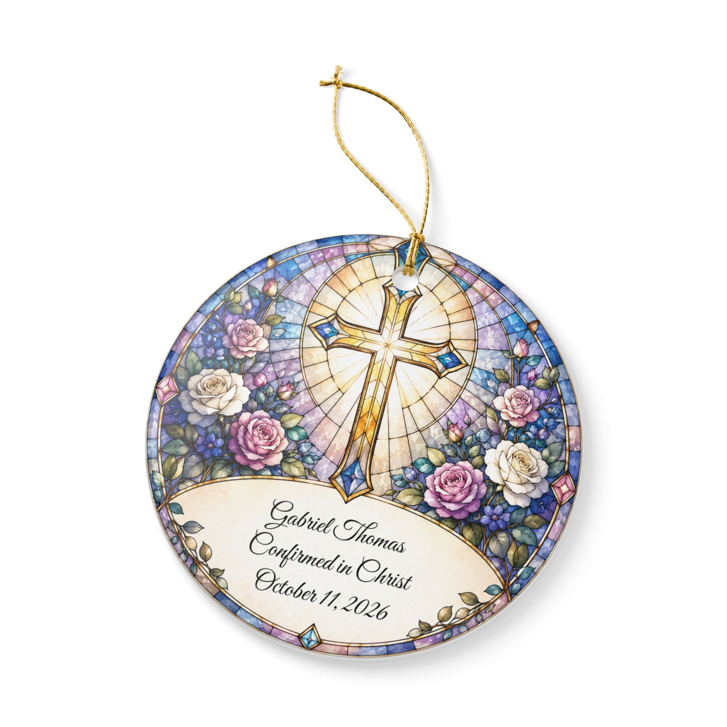 Stained Glass Baptism Ornament Personalized, Church Window Christening Keepsake with Name, Ceramic Religious Gift, Confirmation Ornament