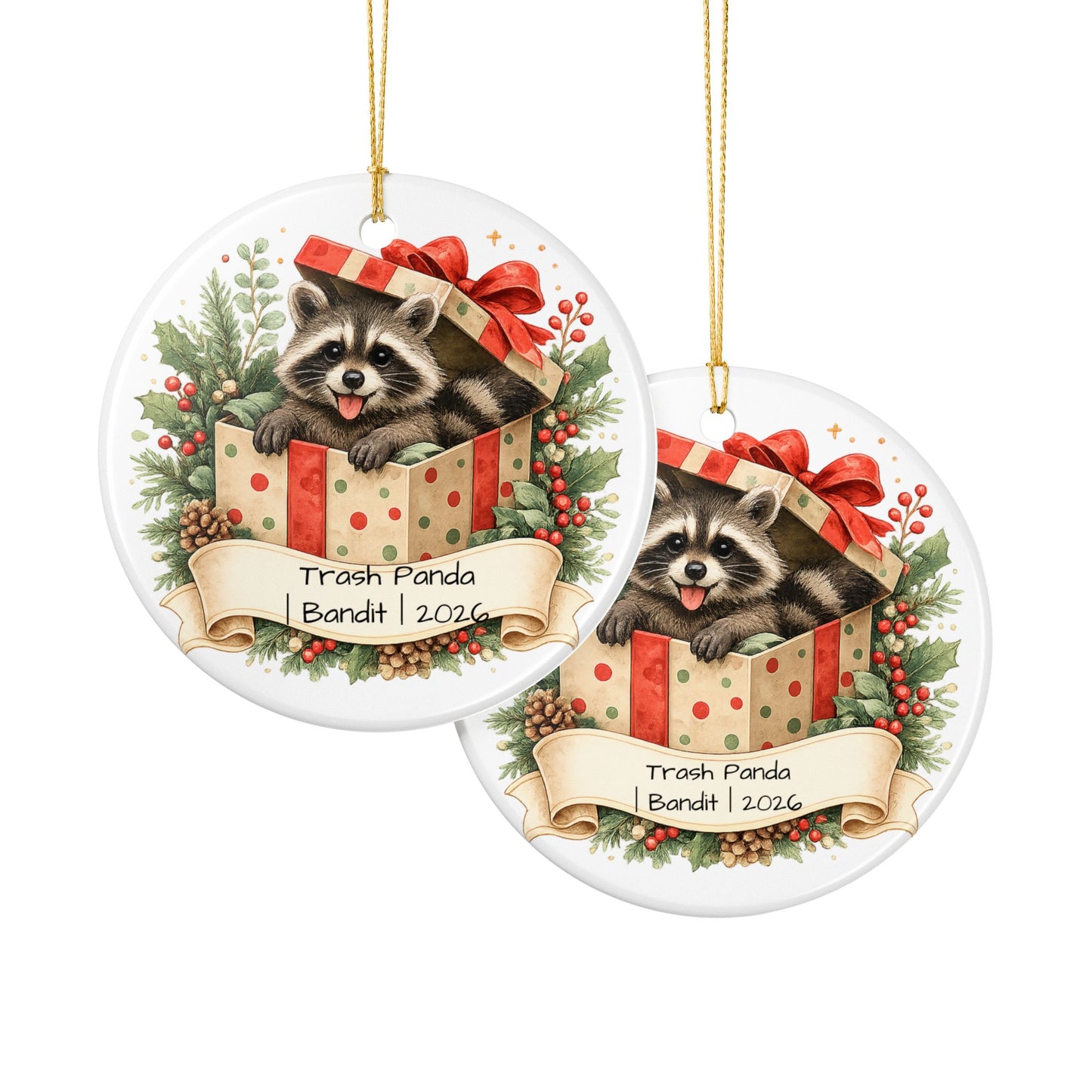 Trash Panda Christmas Ornament Personalized with Name, Funny Cute Ceramic Keepsake, Raccoon Lover Gift 2026