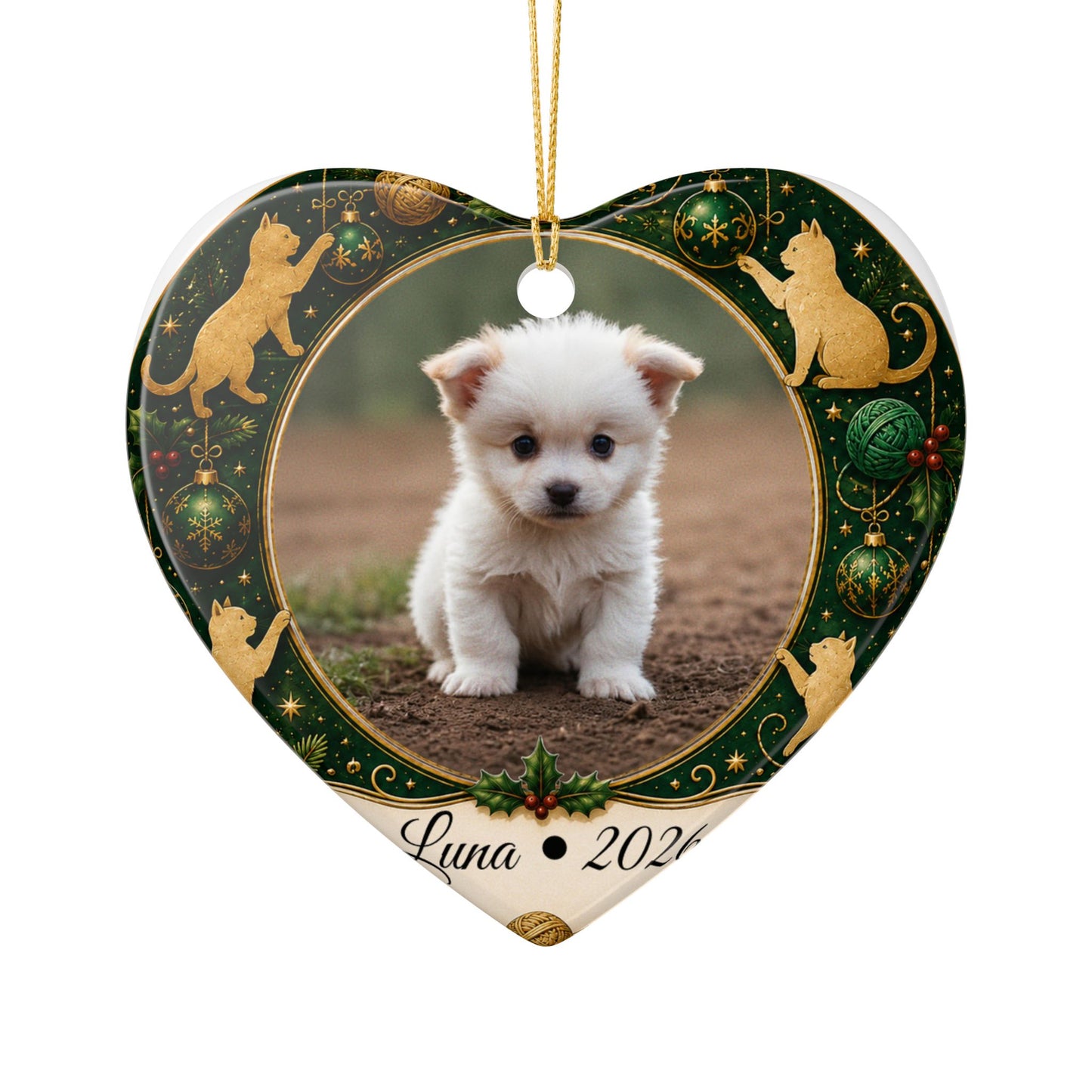 Personalized Puppy Photo Ornament, Ceramic Christmas Ornament | Cat Motif