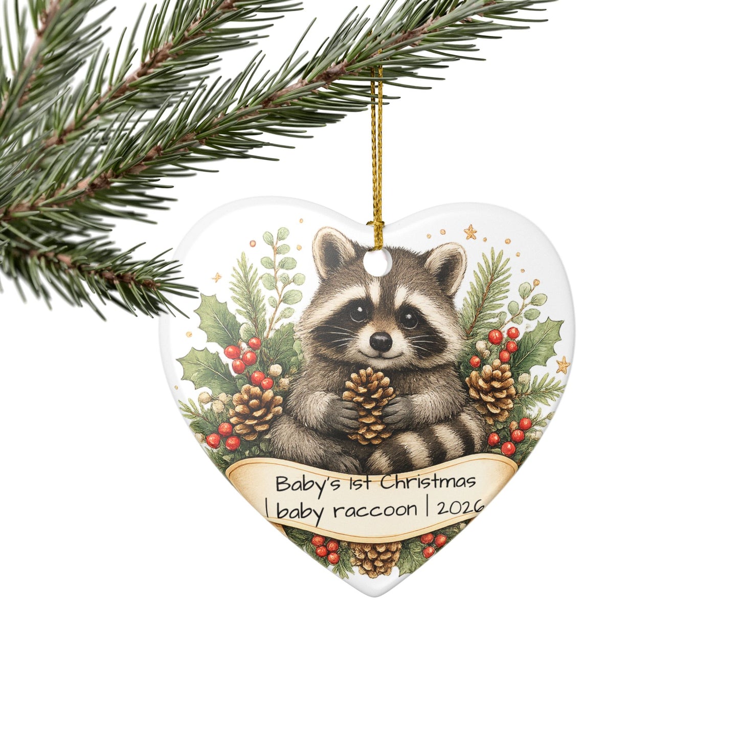 Baby Raccoon Christmas Ornament Personalized with Name, Cute Woodland Ceramic Keepsake, Kids Raccoon Gift 2026