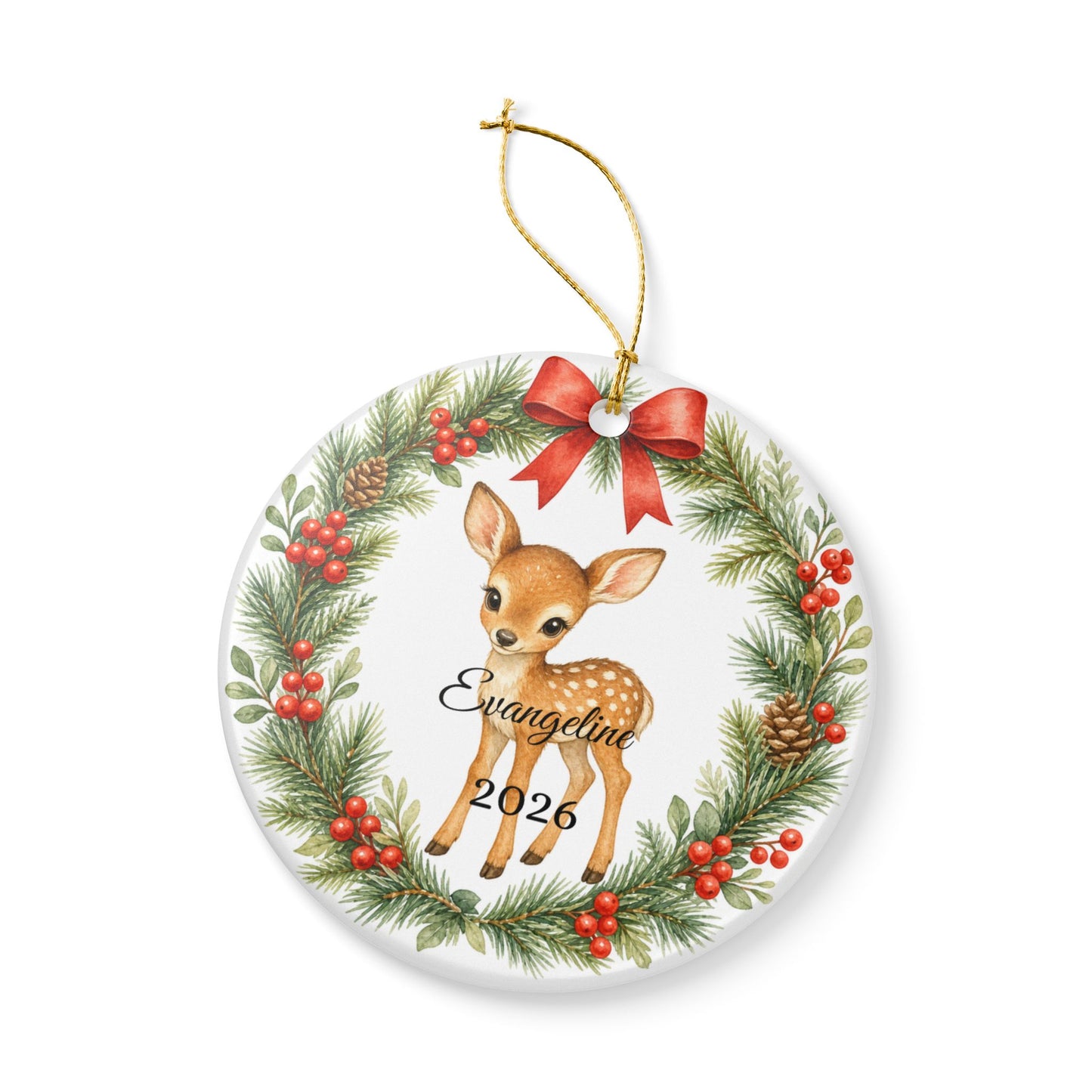 Baby First Christmas Ornament Personalized with Name, Woodland Deer Fawn Wreath Keepsake 2026, New Baby Woodland Gift