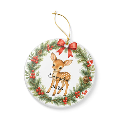 Baby First Christmas Ornament Personalized with Name, Woodland Deer Fawn Wreath Keepsake 2026, New Baby Woodland Gift