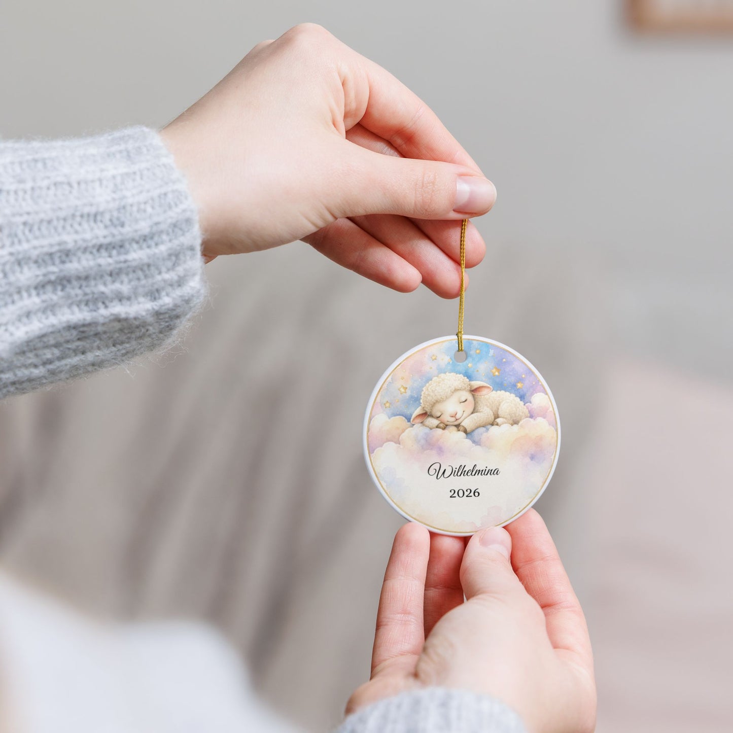 Baby First Christmas Ornament Personalized, Lamb on Cloud Keepsake with Name, Baptism Christening Gift, New Baby Ornament