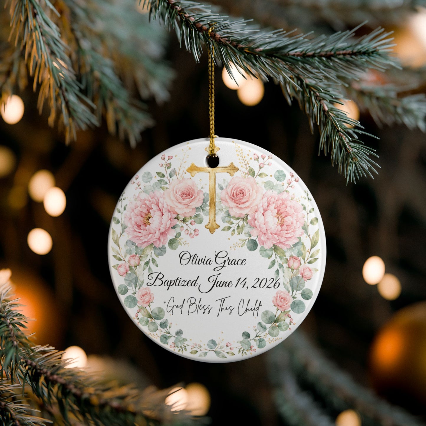 Personalized Baptism Ornament for Girl, Pink Floral Cross Christening Keepsake with Name & Date, Ceramic Godchild Gift, Baby Dedication
