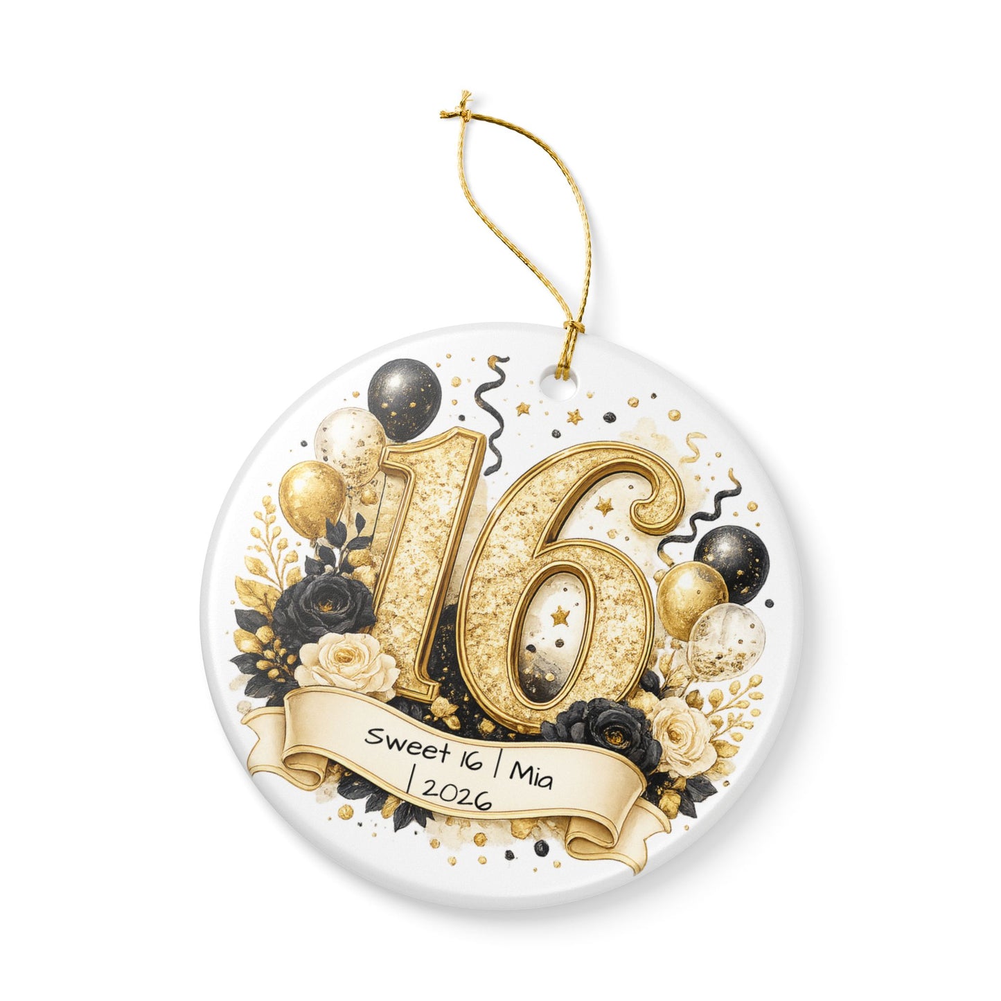 Glam Sweet 16 Christmas Ornament Personalized with Name Year, Black Gold Ceramic Keepsake, 16th Birthday Gift 2026