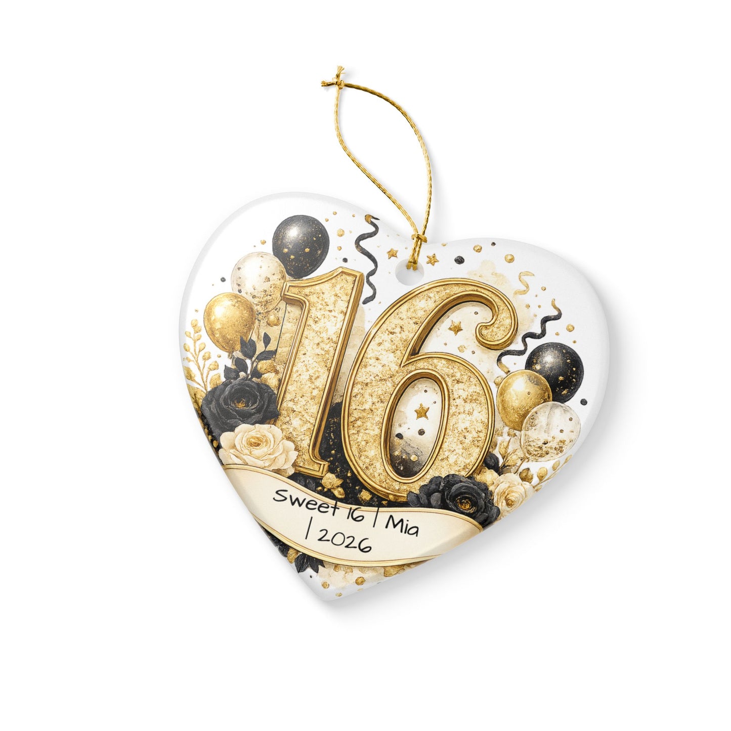 Glam Sweet 16 Christmas Ornament Personalized with Name Year, Black Gold Ceramic Keepsake, 16th Birthday Gift 2026
